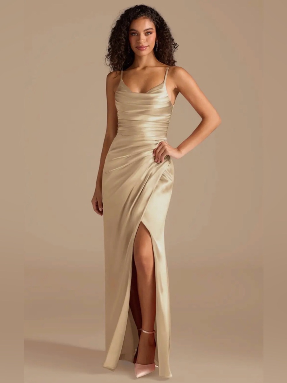Azazie Deandra Champagne Mermaid Pleated Metallic Satin Dress